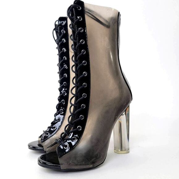 Y2k Wild Diva Clear Chunky Smoke Black Lace Up Heel Boots - 7.5 - Picture 7 of 12